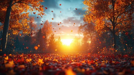 Vibrant autumn landscape with falling leaves, sun setting in the background, serene atmosphere