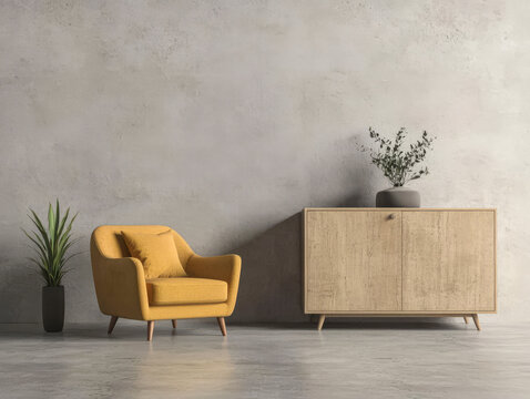 Modern living room design featuring a yellow chair and wooden cabinet