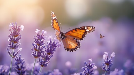 Monarch butterfly gracefully hovering over vibrant lavender flowers in a sunlit garden