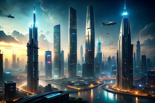 futuristic cityscape with sleek skyscrapers neon lights and flying vehicles