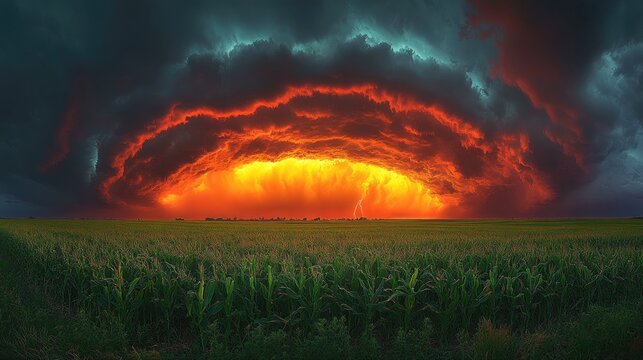 Dramatic sunset over a cornfield with ominous storm clouds and lightning in the background