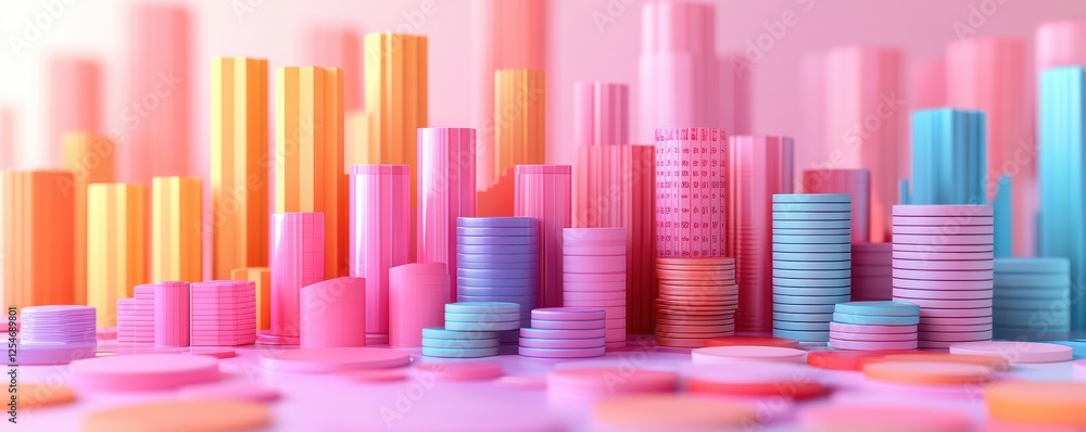 Poster a vibrant display of multi-colored coins and cylindrical shapes, creating a visually appealing abstr