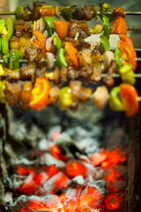 Closeup of pork kebab on the charcoal flame