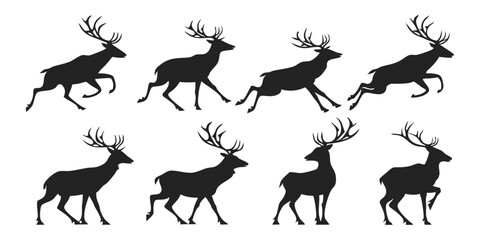 Fototapeta premium Set silhouettes of deers, different poses, black color, isolated on white background Vector illustrations