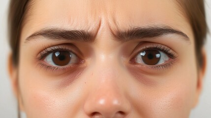 Fototapeta premium Forehead eleven. Wrinkles. Worried, anxious woman. Sleep deficiency, poor sleep. Puffy bags and dark circles under eye area due to sleep debt