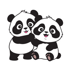 Two cute cartoon pandas are standing together. One panda is slightly taller and has its arm around the other panda. They both have happy expressions.