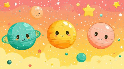 Cute cartoon planets with smiling faces in a colorful starry sky background