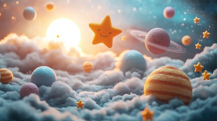 Colorful cartoon planets and stars playfully floating above fluffy clouds during a sunset
