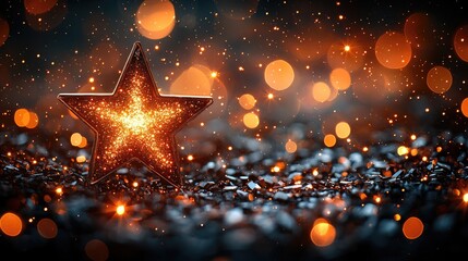 Glimmering star ornament surrounded by shimmering lights and glitter, creating a festive atmosphere