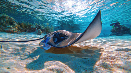 Graceful stingray gliding over sandy ocean floor, surrounded by vibrant coral reef life