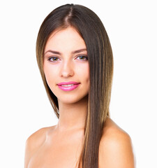 Fototapeta premium Skincare, cosmetics and portrait of woman in studio with natural beauty, confidence and salon facial. Dermatology, makeup and face of girl with smile, skin glow and collagen care on white background.