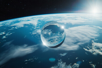 surreal image of water droplet floating in space above Earth