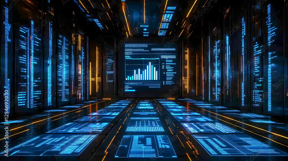 Poster data center server room; digital screens display graphs and codes