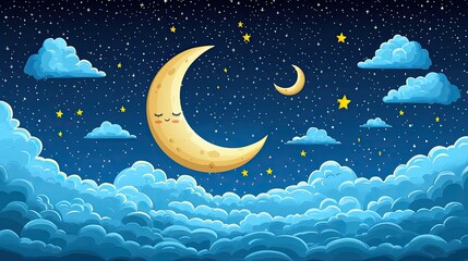 A whimsical night sky featuring a large crescent moon, a smaller moon, and fluffy clouds illuminated by stars