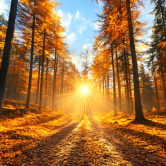 Obraz premium Autumn Forest Path Sunrise Illustration