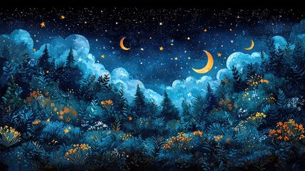 Serene night landscape with a starry sky, crescent moons, and lush foliage illuminated by soft light