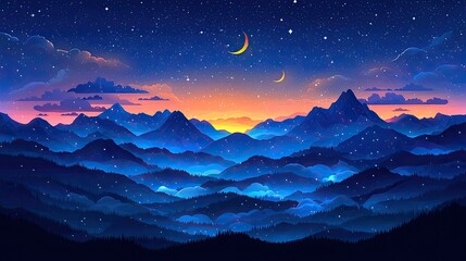 Serene Night Landscape with Mountains and Starry Sky Illuminated by Crescent Moons