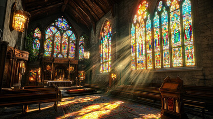 Serene interior of a historic church with stained glass windows and sunlight streaming in