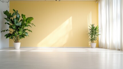 Sunny room, plants, yellow wall, empty floor, interior design