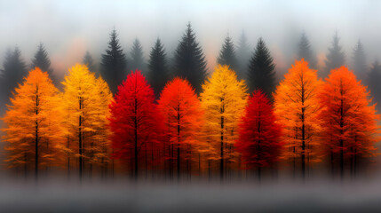 Obraz premium Autumnal Forest Illustration Foggy Trees