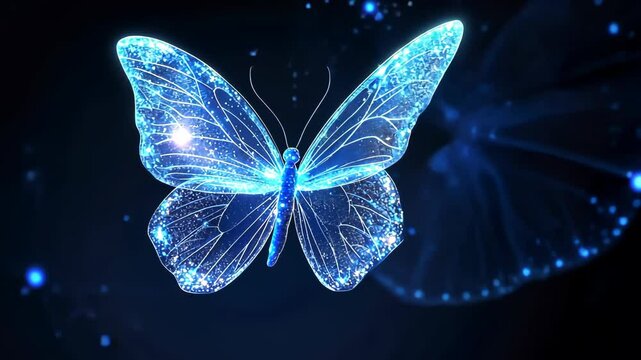 Glowing Digital Butterfly in Sparkling Blue Light