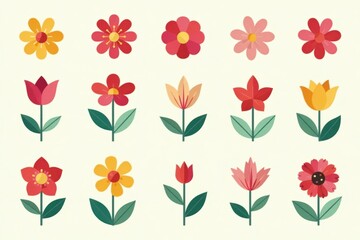 Bright flat flower icons; diverse blooms, simple shapes, vibrant colors, bright, bloom