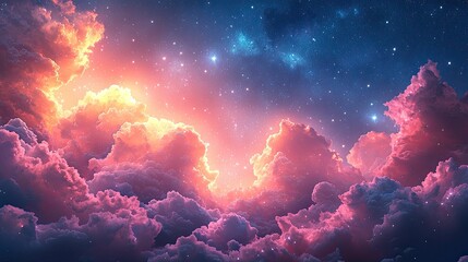 Vivid celestial scene showcasing colorful clouds illuminated by cosmic light in a starry sky