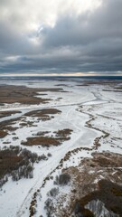 Aerial View of a Frozen Arctic Tundra Landscape in Winter