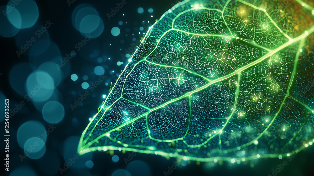 Poster close up of vibrant leaf with glowing veins and bokeh background