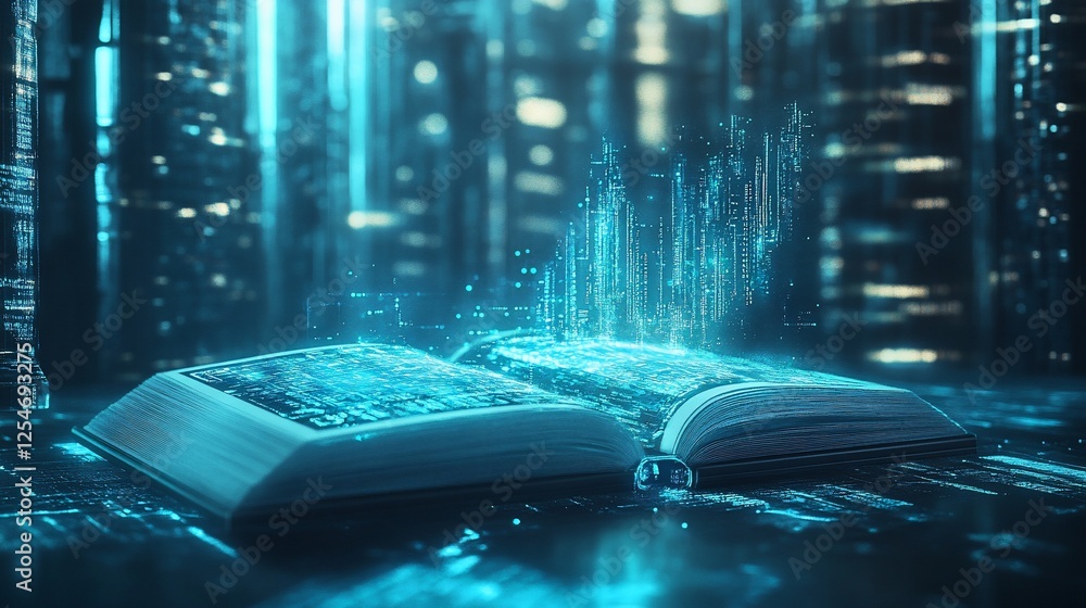 Poster digital knowledge: open books projecting digital data streams into a futuristic city backdrop