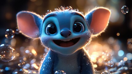 Adorable blue creature joyfully playing in bubble-filled water, surrounded by a sparkling background