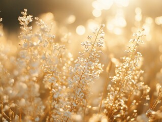 Golden hour light shining on delicate white flowers in a field creating a warm atmosphere