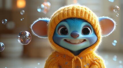 Cute animated character wearing a yellow hoodie, smiling joyfully with bubbles in a bright setting