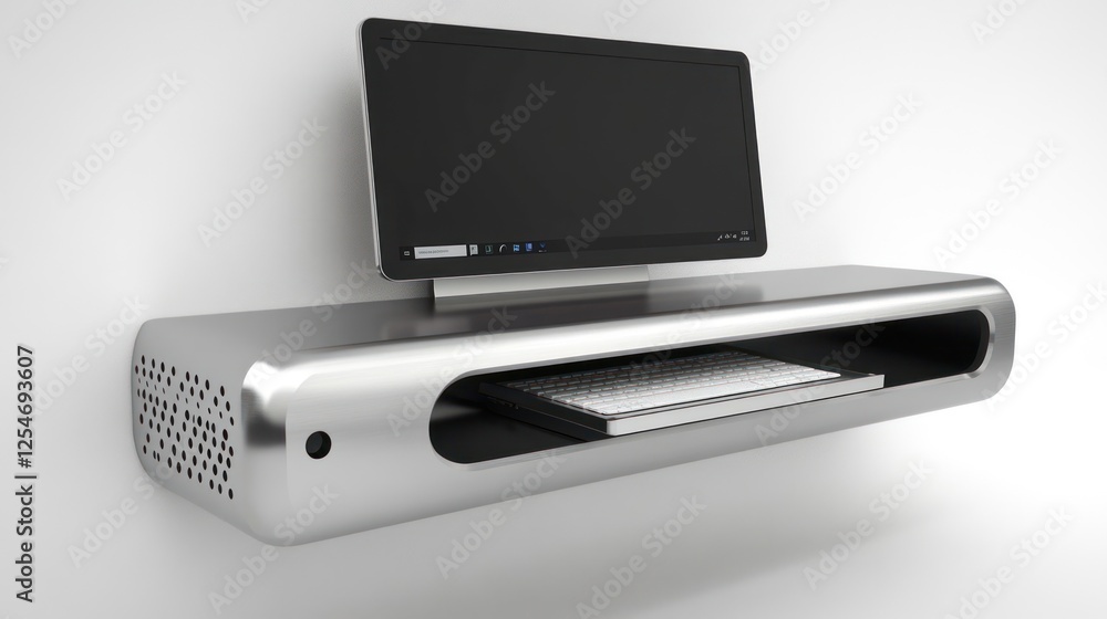 Poster sleek silver wall-mounted computer desk with monitor and keyboard.