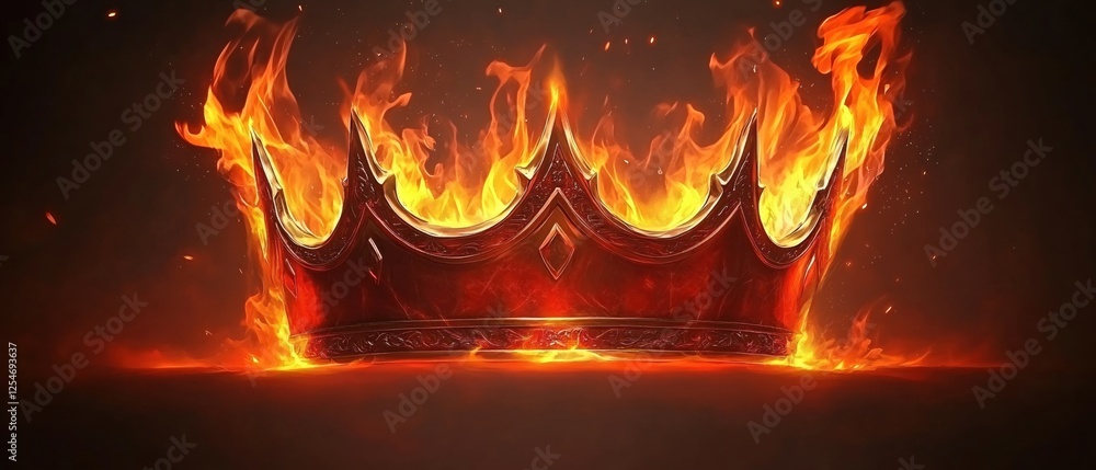 Poster fiery red crown engulfed in flames with a dark background creating a dramatic effect