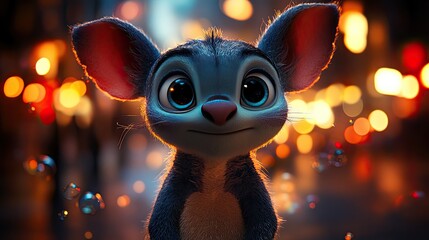 Cute animated character with big eyes in a vibrant city background with blurred lights