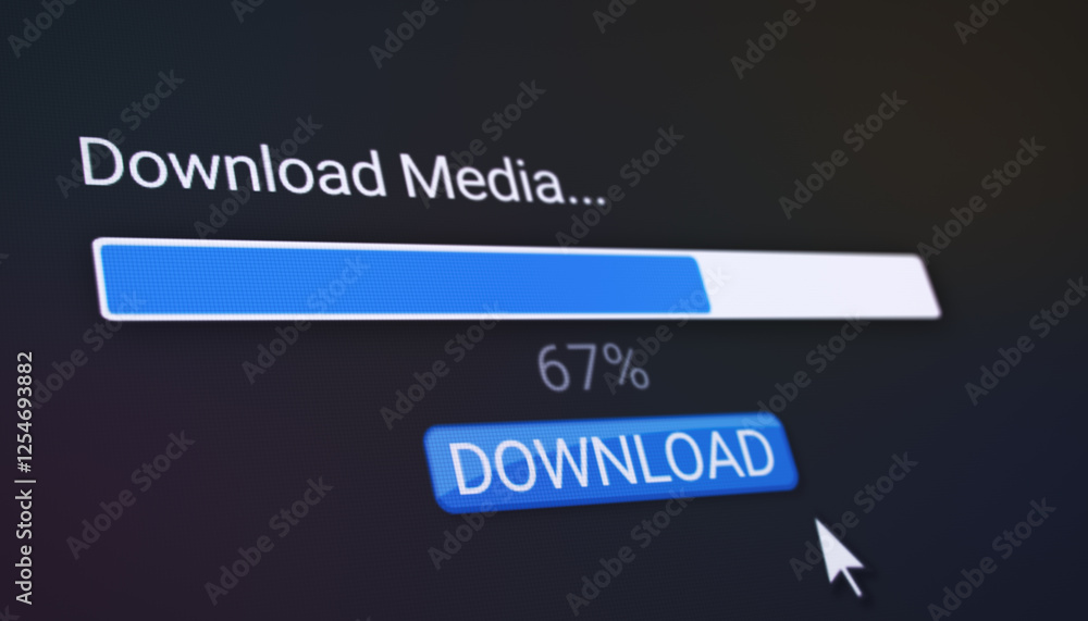 Poster illustration of a website with a blue download button. a computer monitor that displays the informat