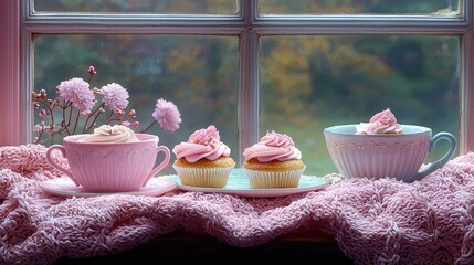 Cozy scene featuring pink cupcakes and floral arrangements by a window with a blurred garden view