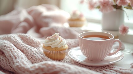 Cozy scene featuring a pink cupcake and tea cup on a knitted blanket by a sunlit window with flowers