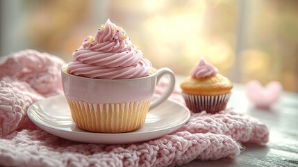 Delicious pink frosted cupcakes on a cozy knitted blanket with soft natural lighting