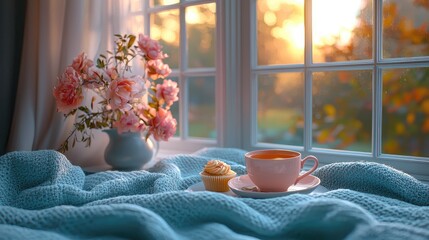 Cozy morning scene with a cup of tea and cupcake on a window sill with flowers and sunlight