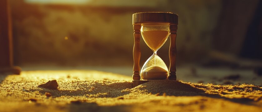 Fototapeta An old-fashioned hourglass rests amid a dusty environment, capturing moments amidst the golden stillness of late afternoon light.
