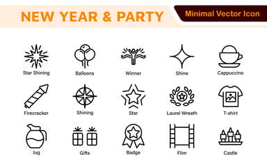 New Year and Celebration Icon Set. A festive collection of vibrant icons designed to enhance celebrations, perfect for party invitations, event promotions, and holiday-themed projects.
