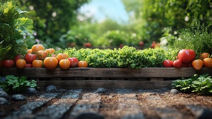 Vibrant vegetable garden showcasing fresh tomatoes and lettuce in a sunny, lush environment