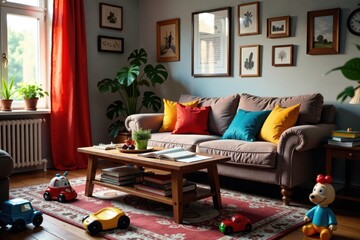 Fototapeta premium Overstuffed sofa, toys strewn across floor, cluttered coffee table, room, furniture