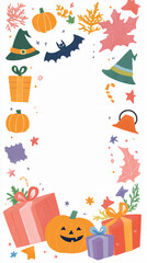 Fototapeta premium Halloween festive white space pumpkins bat candies spooky autumn seasonal holiday eerie dark haunted card design top view flat lay copy blank empty frame fun web party witch banner castle design magic