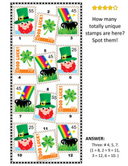 St Patrick's Day picture puzzle with postage stamps: How many unique stamps are here? Answer included.
