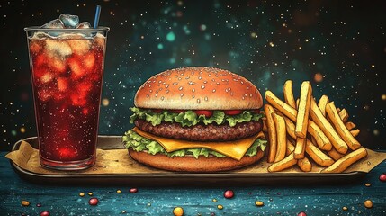 A vibrant close-up of a delicious cheeseburger with fries and a cold drink, set against a colorful background