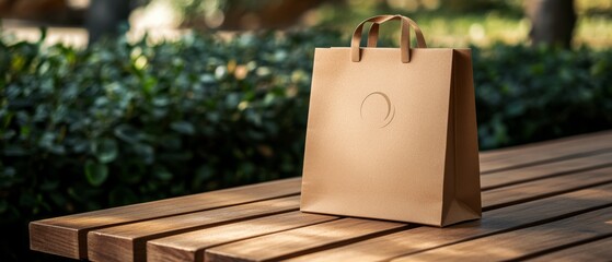 A kraft paper bag sits on a wooden bench in a sunlit park, hinting at eco-friendly shopping and leisurely outdoor moments.