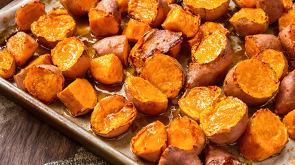 A tray of roasted potatoes with a lot of seasoning on them